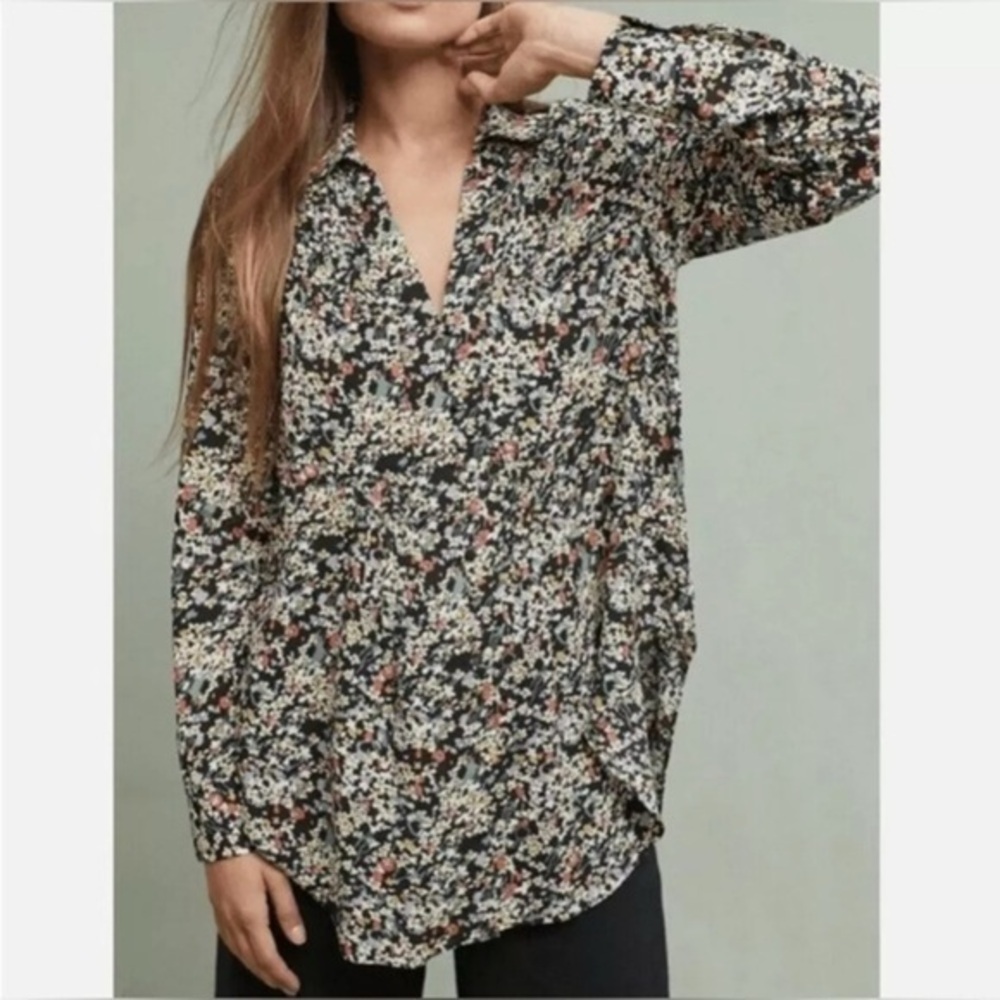 Anthropologie Maeve X Small Black Multi Matilda Floral Blouse Button Down Top XS